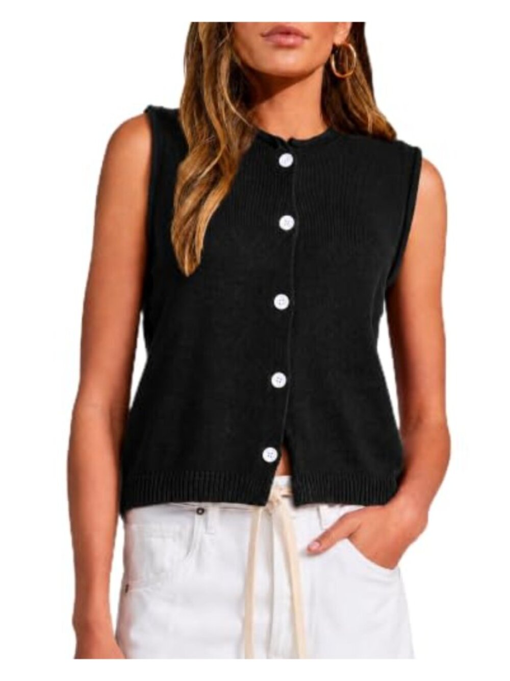 Casual Crew Neck Sleeveless Ribbed Knit Sweater Vest Button Down Cardigan